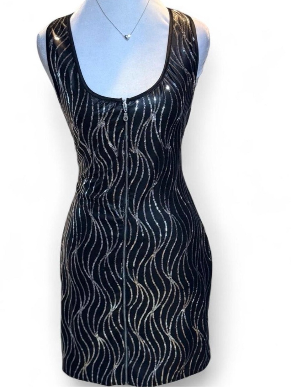 Nikibiki Black Glitter Sequin Wave Full Zip Bodycon Mini Dress Size L